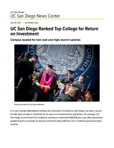 UC San Diego Ranked Top College for Return on Investment