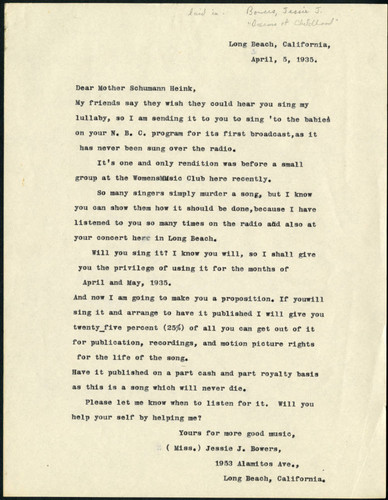 Jessie J. Bowers letter to Schumann-Heink, 1935 April 5