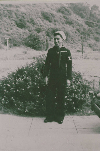 Ernest Marquez dressed in a Navy uniform in Santa Monica Canyon