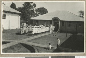Staff inspection, Chogoria, Kenya, ca.1951