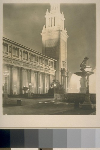 H283. [Italian Tower, Court of Flowers (Henry Bacon, architect), illuminated; "Beauty and the Beast" fountain (Edgar Walter, sculptor).]