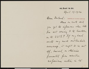 Charles Downer Hazen, letter, 1926-04-19, to Hamlin Garland
