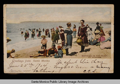Bathers on the beach in Santa Monica, Calif