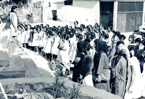 Danish Mission Girls School in Aden, 1971. The principal is giving a message to the children