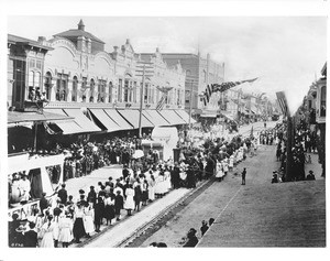 Parade of Schools in Santa Ana along an unidentified street, ca.1910