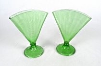 Green glass, fan-shaped vases