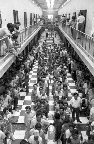 Crowded prison hallway, Nicaragua, 1980