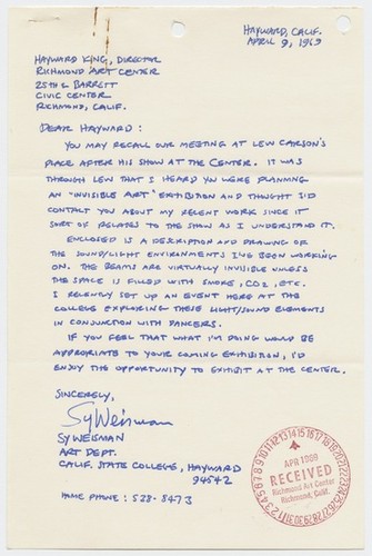 Letter to Hayward King, Director, Richmond Art Center from Sy Weisman (Invisible Painting and Sculpture)