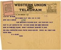 Telegram from William Randolph Hearst to Julia Morgan, August 13, 1925