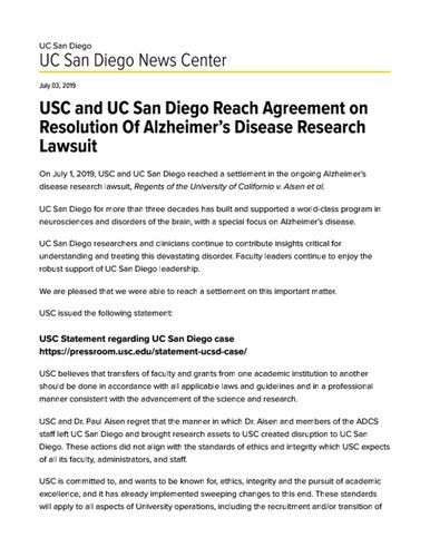 USC and UC San Diego Reach Agreement on Resolution Of Alzheimer’s Disease Research Lawsuit