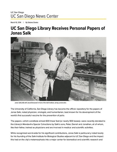 UC San Diego Library Receives Personal Papers of Jonas Salk