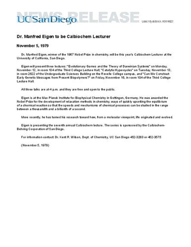 Dr. Manfred Eigen to be Calbiochem Lecturer