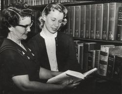 Alta Kerr and Carol Goodrich in the Carnegie Library, Santa Rosa