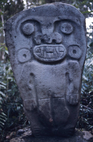 Carved stone slab with feline features, San Agustín, Colombia, 1975