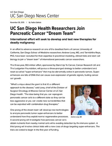 UC San Diego Health Researchers Join Pancreatic Cancer “Dream Team”