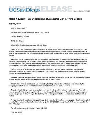 Media Advisory - Groundbreaking of Academic Unit II, Third College