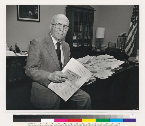 Augustus F. Hawkins with mail opposing Reagan Budget cuts