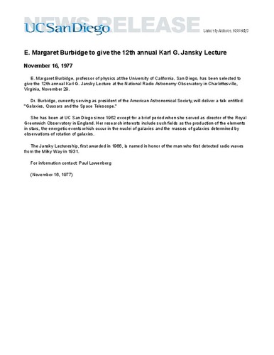 E. Margaret Burbidge to give the 12th annual Karl G. Jansky Lecture