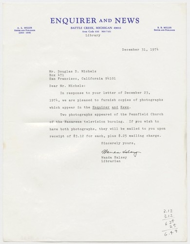 Letter to Doug Michels from Wanda Halsey (Media Burn folder)