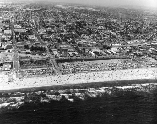 Aerial view, beach and parking lot