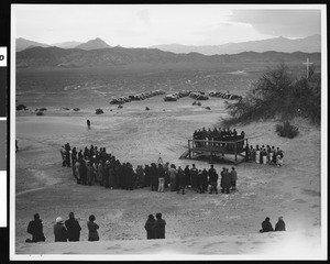 People congregating for Easter at Scotty's Palace in Death Valley, ca.1900-1950