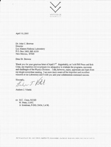Letter, Andrew J. Viterbi to John C. Browne, April 10, 2001