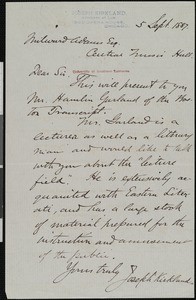 Joseph Kirkland, letter, 1887-09-05, to Milward Adams