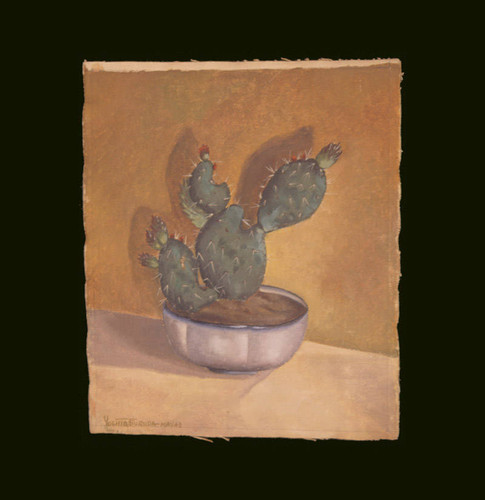 Still life painting of flowering cactus in pot