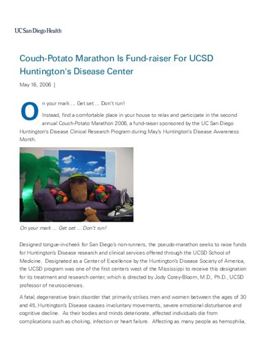 Couch-Potato Marathon Is Fund-raiser For UCSD Huntington's Disease Center