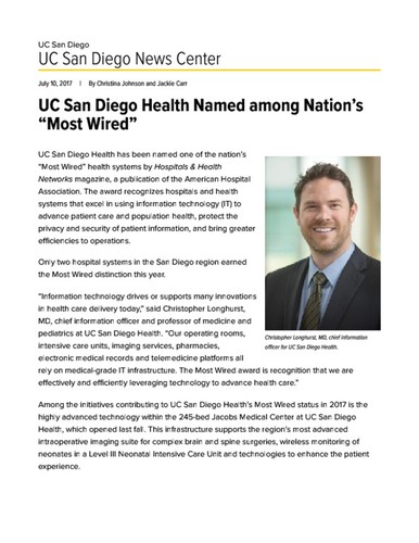 UC San Diego Health Named among Nation’s “Most Wired”
