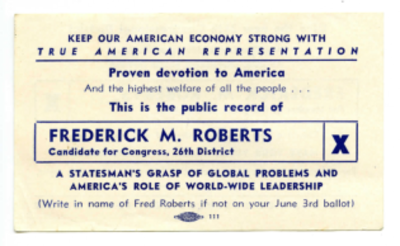 Frederick M. Roberts 26th congressional district campaign card