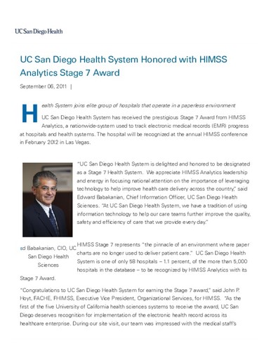 UC San Diego Health System Honored with HIMSS Analytics Stage 7 Award ...