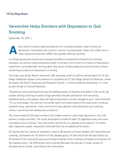 Varenicline Helps Smokers with Depression to Quit Smoking