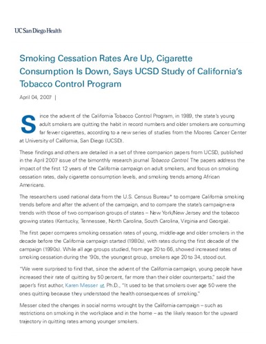 Smoking Cessation Rates Are Up, Cigarette Consumption Is Down, Says UCSD Study of California’s Tobacco Control Program
