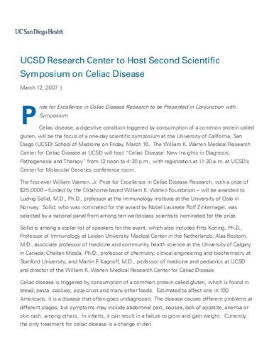 UC San Diego Research Center to Host Second Scientific Symposium on Celiac Disease