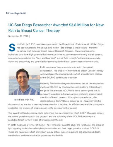 UC San Diego Researcher Awarded $3.8 Million for New Path to Breast Cancer Therapy