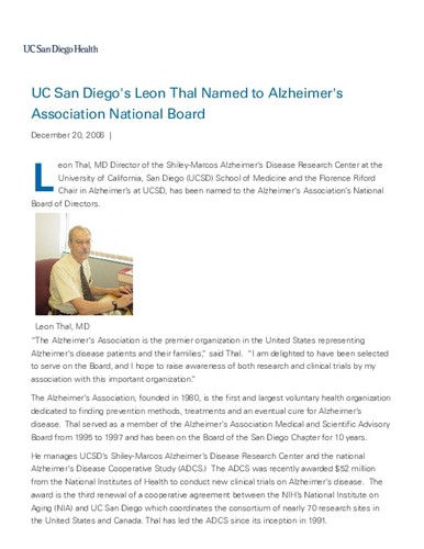 UC San Diego's Leon Thal Named to Alzheimer's Association National Board