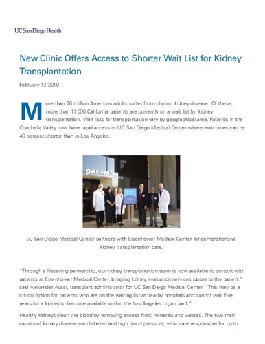 New Clinic Offers Access to Shorter Wait List for Kidney Transplantation