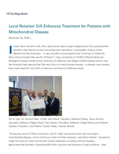 Local Rotaries' Gift to UCSD Enhances Treatment for Patients with Mitochondrial Disease