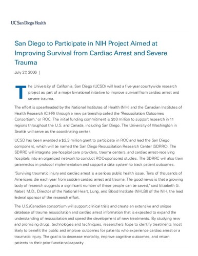 San Diego to Participate in NIH Project Aimed at Improving Survival from Cardiac Arrest and Severe Trauma