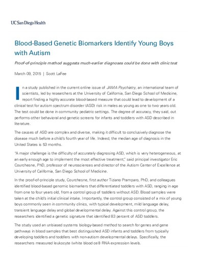 Blood-Based Genetic Biomarkers Identify Young Boys with Autism