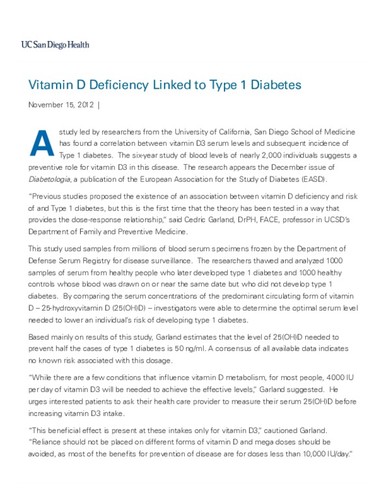 Vitamin D Deficiency Linked to Type 1 Diabetes