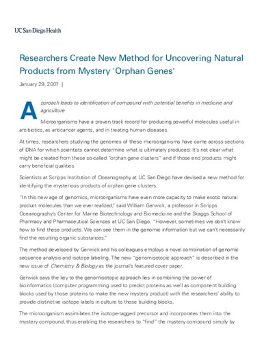 Researchers Create New Method for Uncovering Natural Products from Mystery 'Orphan Genes' - UCSD Medical Center News
