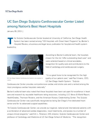 UC San Diego Sulpizio Cardiovascular Center Listed among Nation's Best Heart Hospitals