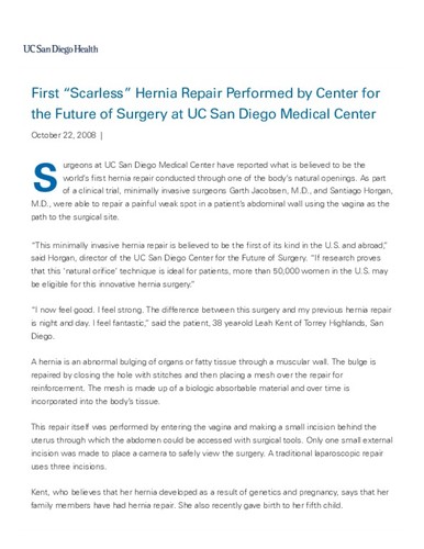 First “Scarless” Hernia Repair Performed by Center for the Future of Surgery at UC San Diego Medical Center