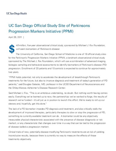 UC San Diego Official Study Site of Parkinson’s Progression Markers Initiative (PPMI)