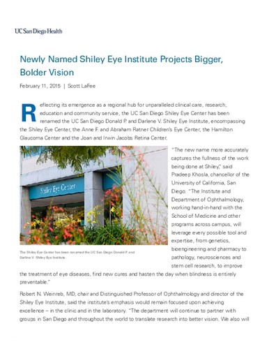 Newly Named Shiley Eye Institute Projects Bigger, Bolder Vision