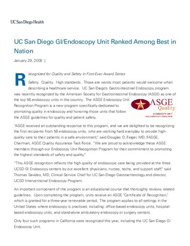 UC San Diego GI/Endoscopy Unit Ranked Among Best in Nation