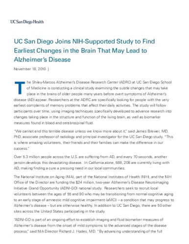 UCSD Joins NIH-Supported Study to Find Earliest Changes in the Brain That May Lead to Alzheimer’s Disease