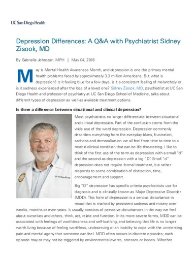 Depression Differences: A Q&A with Psychiatrist Sidney Zisook, MD